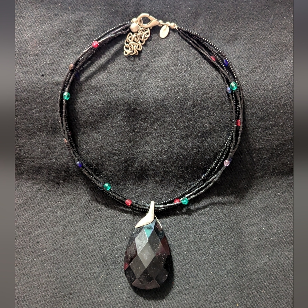 Chico's Silver Tone Black Beaded Purple Teardrop Pendant Statement Necklace